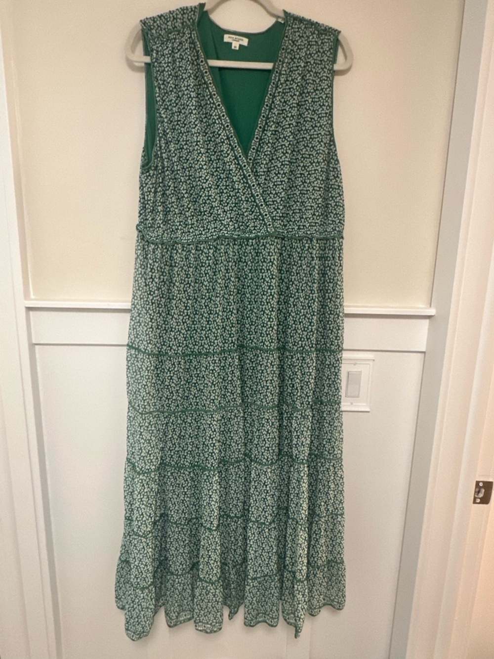 Sleeveless V-Neck Green Floral Wrap Tiered Maxi Dress (very comfortable!)